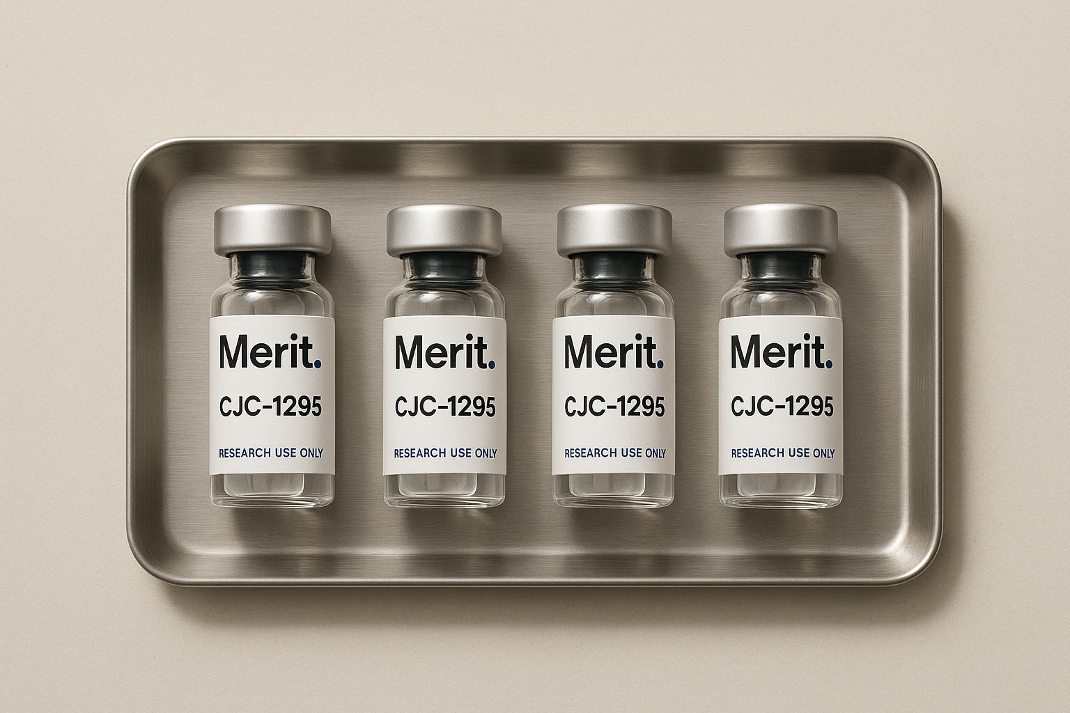 Four Merit research vials laid flat on a brushed stainless steel tray, overhead view