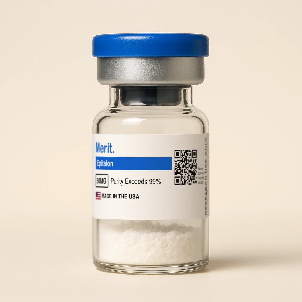 A sealed Merit Epitalon vial, 50 mg of lyophilized research compound