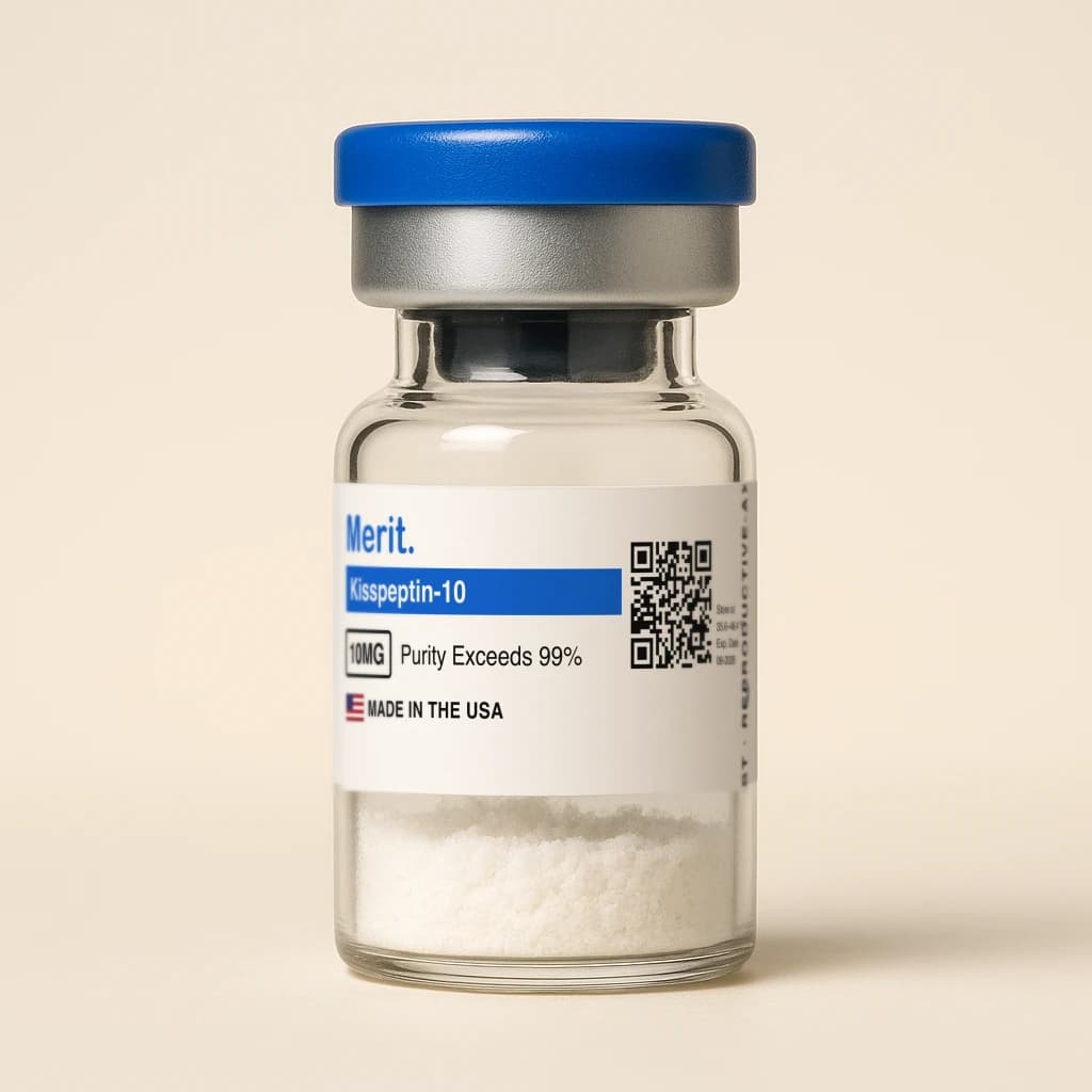 A sealed Merit Kisspeptin-10 vial, 10 mg of lyophilized research compound