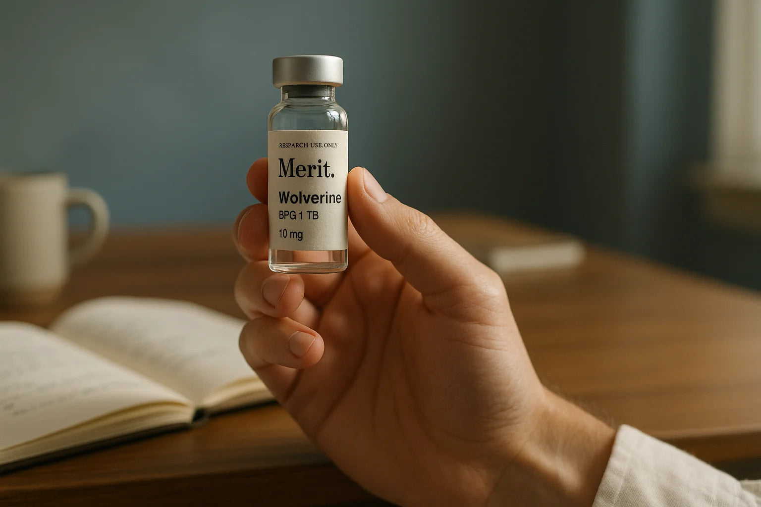 A linen-cuffed hand holding a Merit Wolverine research vial up to natural daylight at a walnut desk, with an open notebook softly in the background
