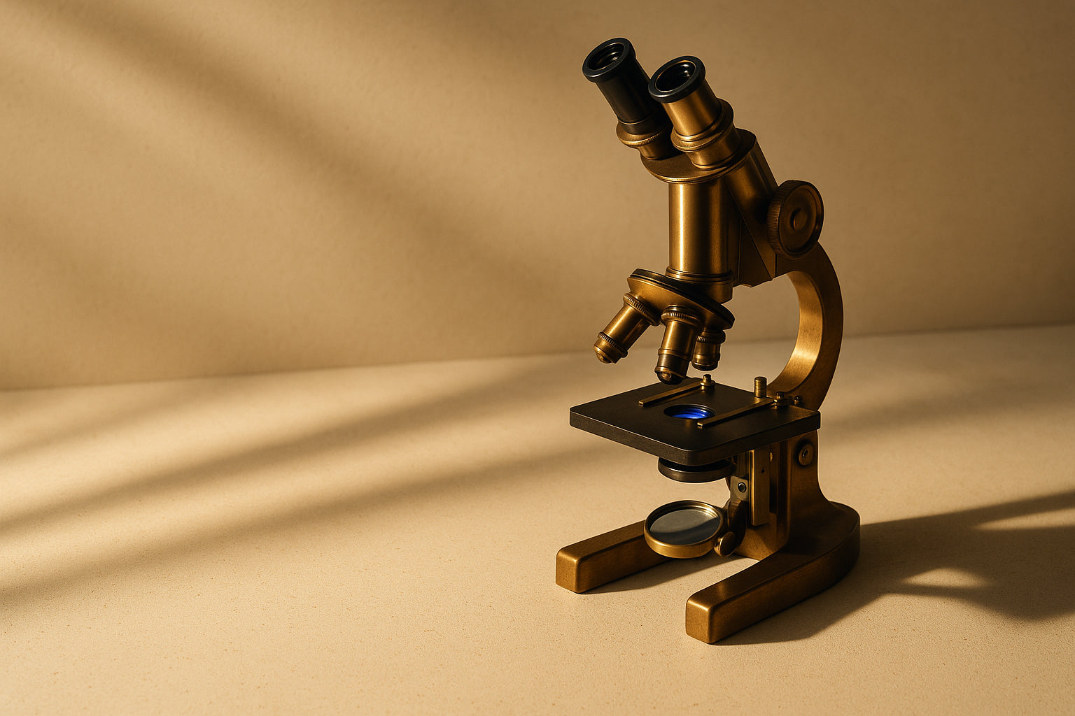 Vintage brass laboratory microscope on a warm concrete surface in raking morning light