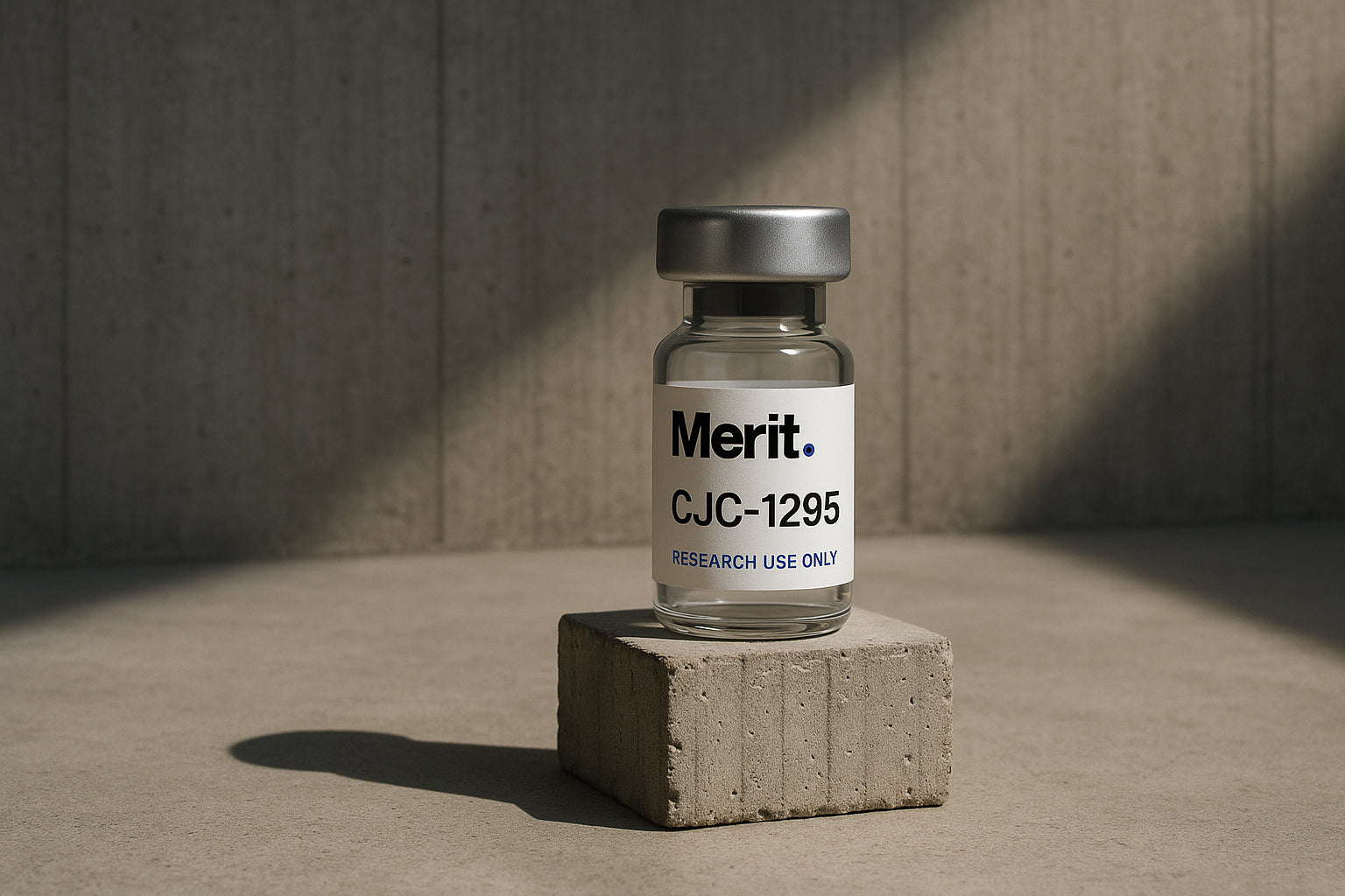Merit research vial on a brutalist concrete plinth in directional light
